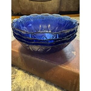 4-Vtg. Royal Sapphire Cobalt Blue Leaf Pattern 6.5" Glass Candy Cereal Soup Bowl